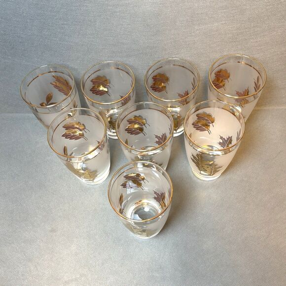 Vtg 1960 Libbey Golden Foliage Frosted Tumblers Drink Glasses 8 oz-Set 8 Barware - Picture 2 of 11
